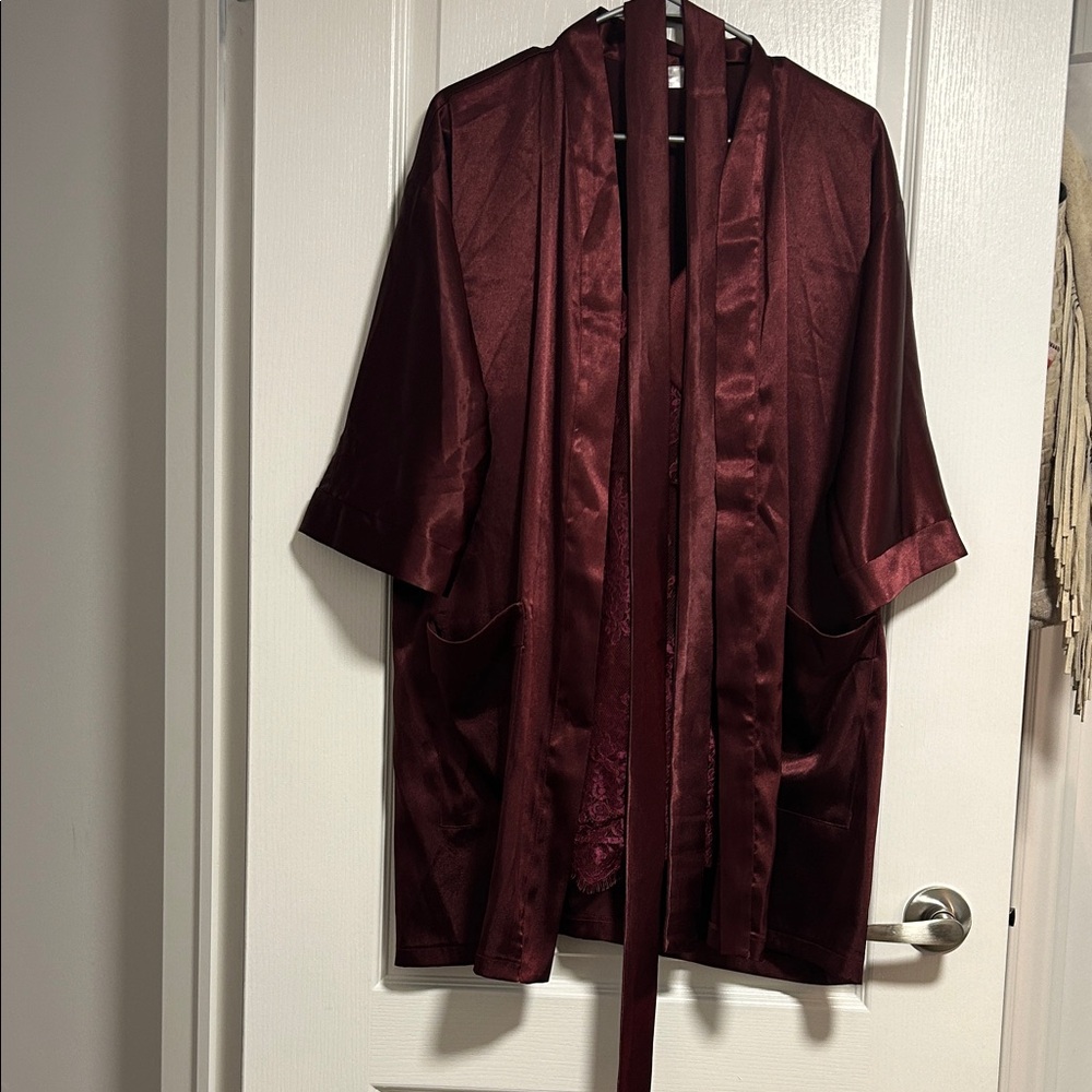 Elegant Burgundy Satin Robe and Lace Dress